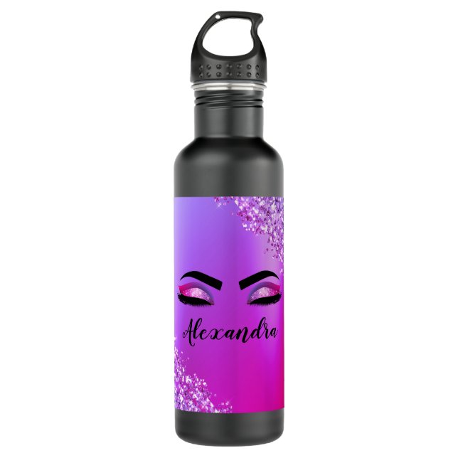 Purple Pink Monogram Glitter Eyelashes Modern 710 Ml Water Bottle (Front)
