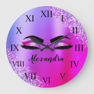 Purple Pink Monogram Glitter Eyelashes Modern Large Clock
