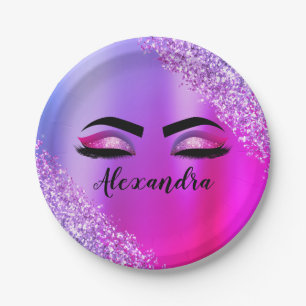 Purple Pink Monogram Glitter Eyelashes Modern Paper Plate
