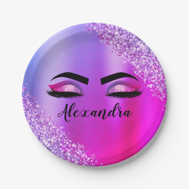 Purple Pink Monogram Glitter Eyelashes Modern Paper Plate (Front)