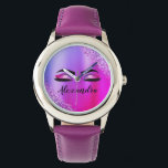 Purple Pink Monogram Glitter Eyelashes Modern Watch<br><div class="desc">Purple and Pink Faux Foil Metallic Sparkle Glitter Brushed Metal Monogram Name and Initial Eyelashes (Lashes),  Eyelash Extensions and Eyes Makeup Watch. This makes the perfect sweet 16 birthday,  wedding,  bridal shower,  anniversary,  baby shower or bachelorette party gift for someone decorating her room in trendy cool style.</div>