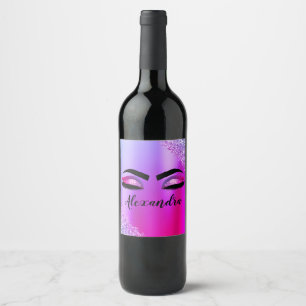 Purple Pink Monogram Glitter Eyelashes Modern Wine Label