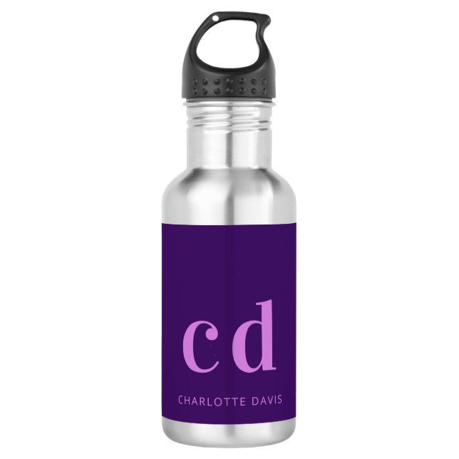 Purple pink monogram initials name modern 532 ml water bottle (Front)