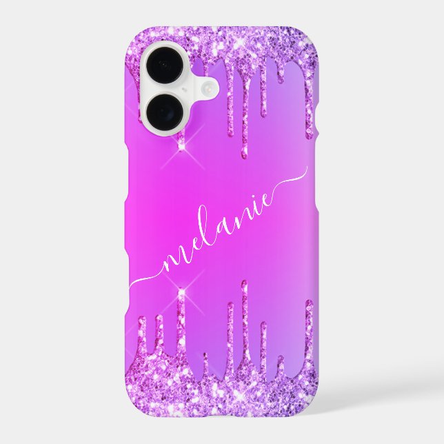 Purple Pink Neon Glitter Custom Name iPhone Case (Back)