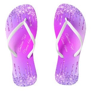 Purple Pink Neon Glitter Custom Text Flip Flops