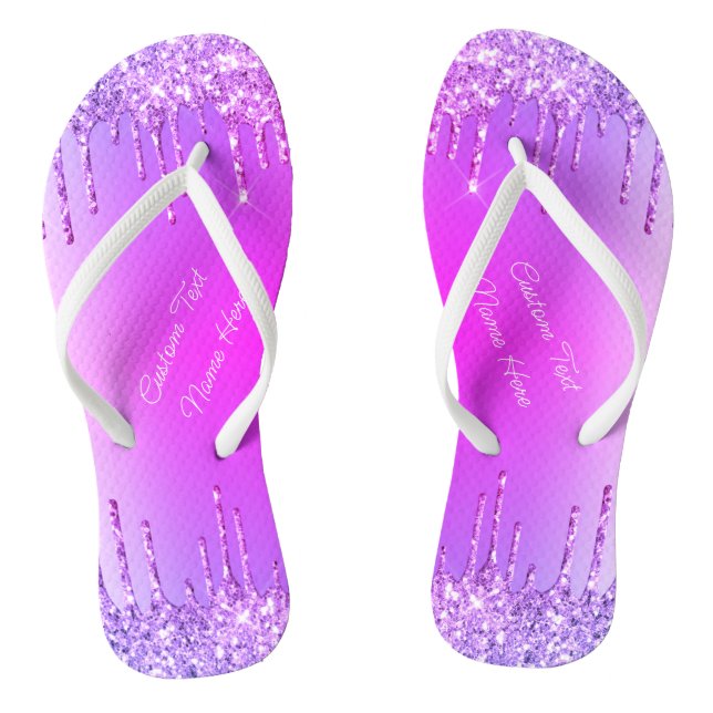 Purple Pink Neon Glitter Custom Text Flip Flops (Footbed)