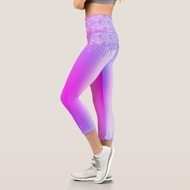 Purple Pink Neon Glitter Dance Capri Leggings (Left)