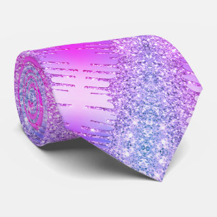 Purple Pink Neon Glitter Drips Party Neck Tie