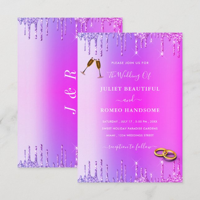 Purple Pink Neon Glitter Drips Wedding Invitation  (Front/Back)