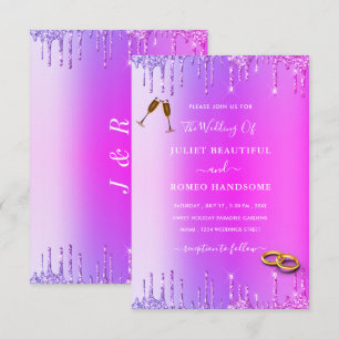 Purple Pink Neon Glitter Drips Wedding Invitation 