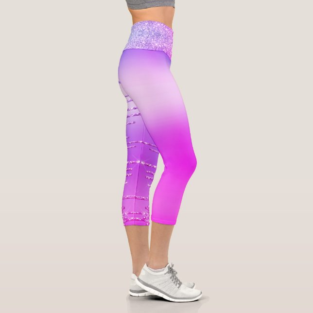 Purple Pink Neon Glitter Sparkle Drips Chic Party Capri Leggings (Right)