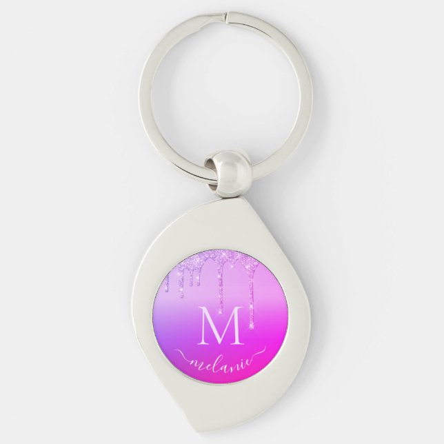 Purple Pink Neon Glitter Your Name Letter Keychain (Front)