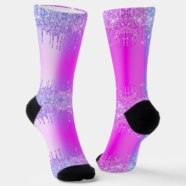 Purple Pink Neon Gold Glitter Sparkly Drips Socks (Angled)