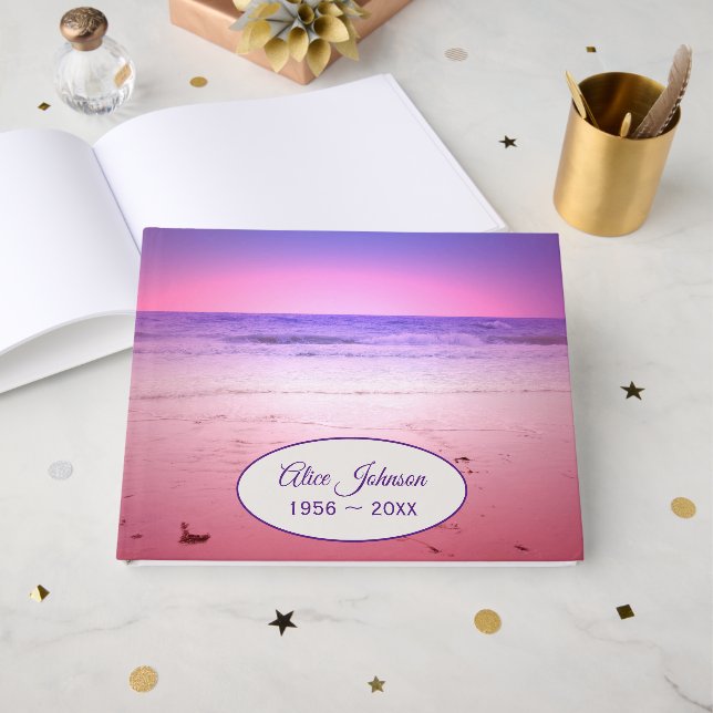 Purple Pink Ocean Sunset for Memorial Service Guest Book (Front Open)