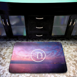 Purple pink ocean sunset photo custom monogram bath mat
