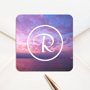 Purple pink ocean sunset photo custom monogram square sticker