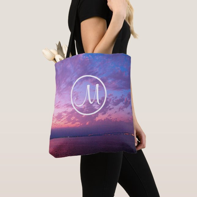 Purple pink ocean sunset photo custom monogram tote bag (Close Up)