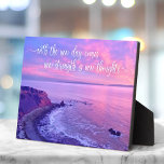 Purple Pink Ocean Sunset Photo Inspirational Quote Plaque<br><div class="desc">“With the new day comes new strength and new thoughts.” This dramatic coastal Palos Verdes, California, pristine, ocean beach cliff landscape, taken close to sunset exudes peacefulness and solitude. An inspirational quote in white calligraphy script overlays the photo. Appreciate all the good things in your life as you gaze at...</div>
