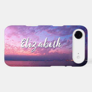 Purple Pink Ocean Sunset Photo Name Script Stylish