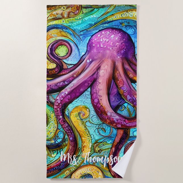 Purple Pink Octopus with Personalised Name Beach Towel (Front)