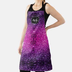 Purple Pink Ombre faux glitter sparkles Monogram Apron