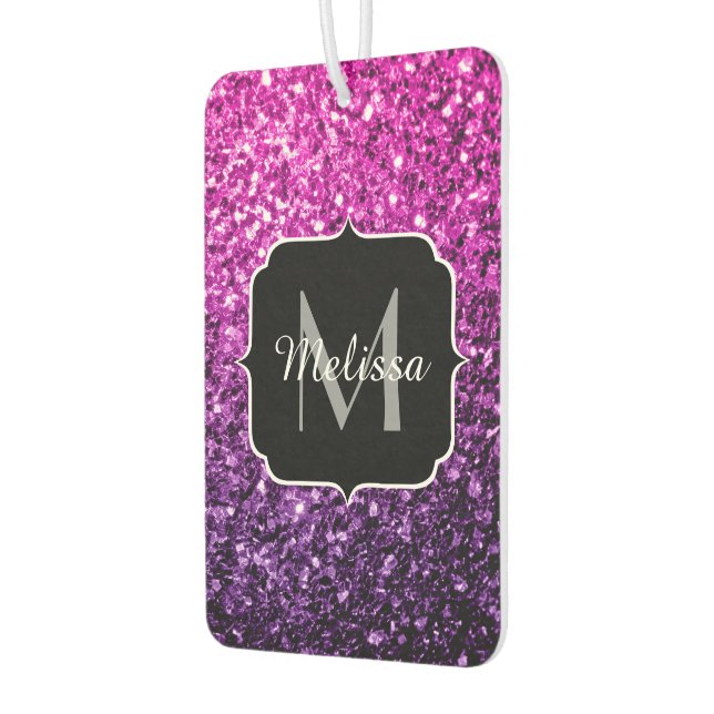 Purple Pink Ombre faux glitter sparkles Monogram Car Air Freshener (Left)