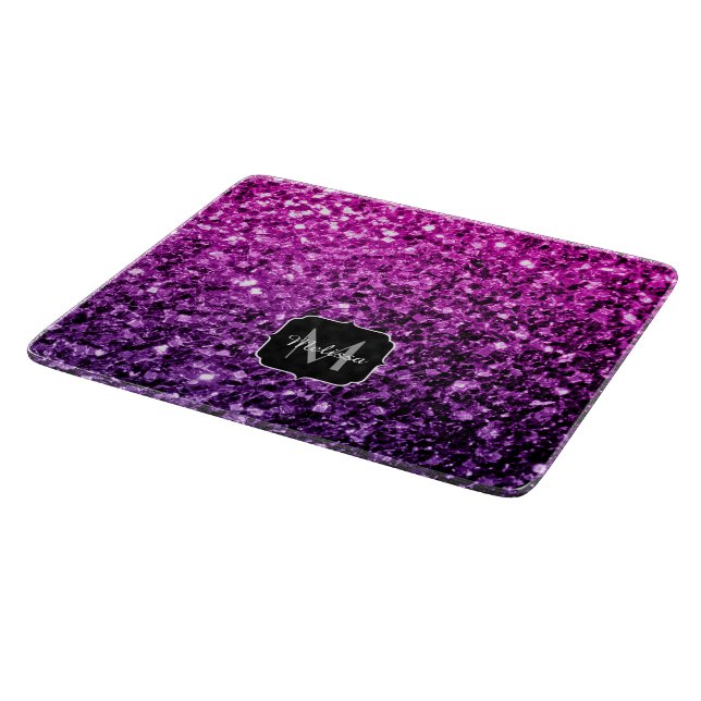 Purple Pink Ombre faux glitter sparkles Monogram Cutting Board (Corner)
