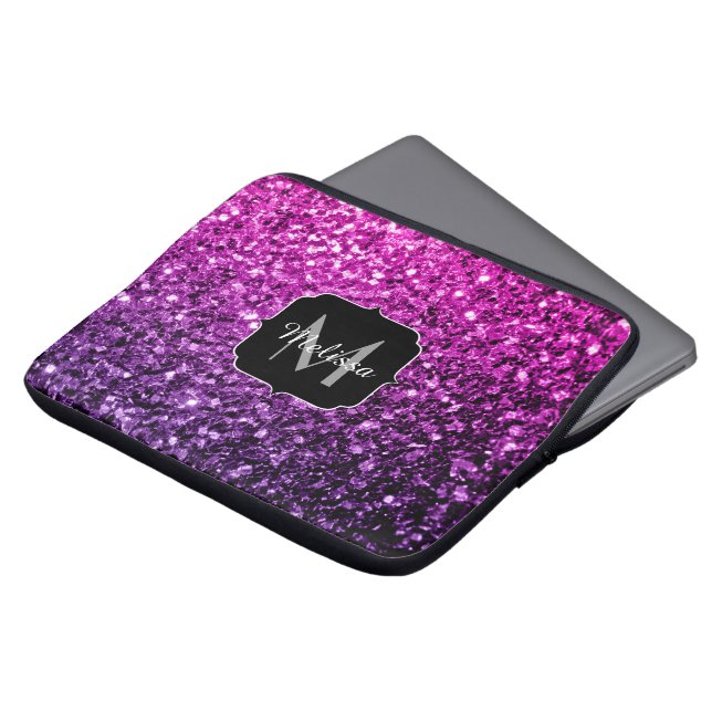 Purple Pink Ombre faux glitter sparkles Monogram Laptop Sleeve (Front Top)