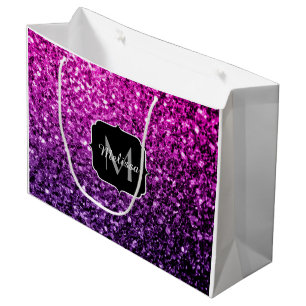 Purple Pink Ombre faux glitter sparkles Monogram Large Gift Bag