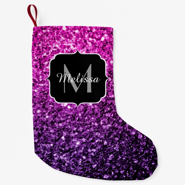 Purple Pink Ombre faux glitter sparkles Monogram Small Christmas Stocking (Front)
