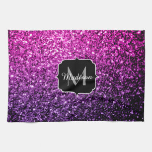 Purple Pink Ombre faux glitter sparkles Monogram Tea Towel