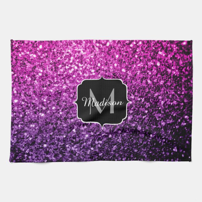 Purple Pink Ombre faux glitter sparkles Monogram Tea Towel (Horizontal)