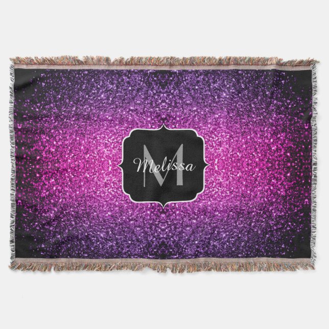 Purple Pink Ombre faux glitter sparkles Monogram Throw Blanket (Front)