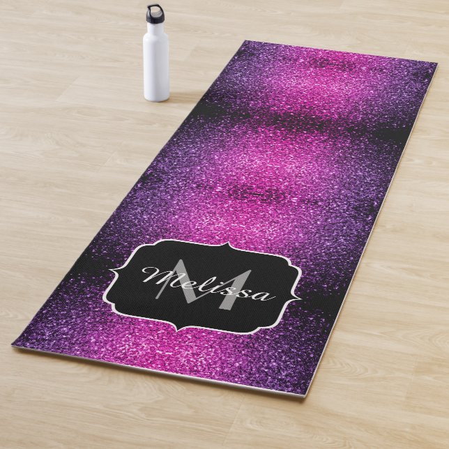 Purple Pink Ombre faux glitter sparkles Monogram Yoga Mat (In Situ)