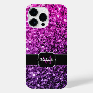 Purple Pink Ombre faux sparkles bling Monogram iPhone 14 Pro Max Case