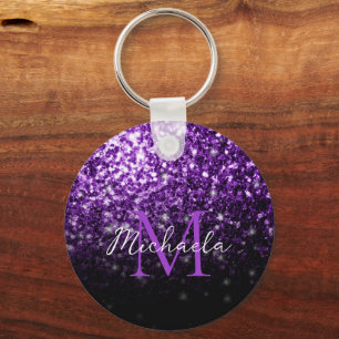 Purple Pink Ombre faux sparkles bling Monogram Key Ring