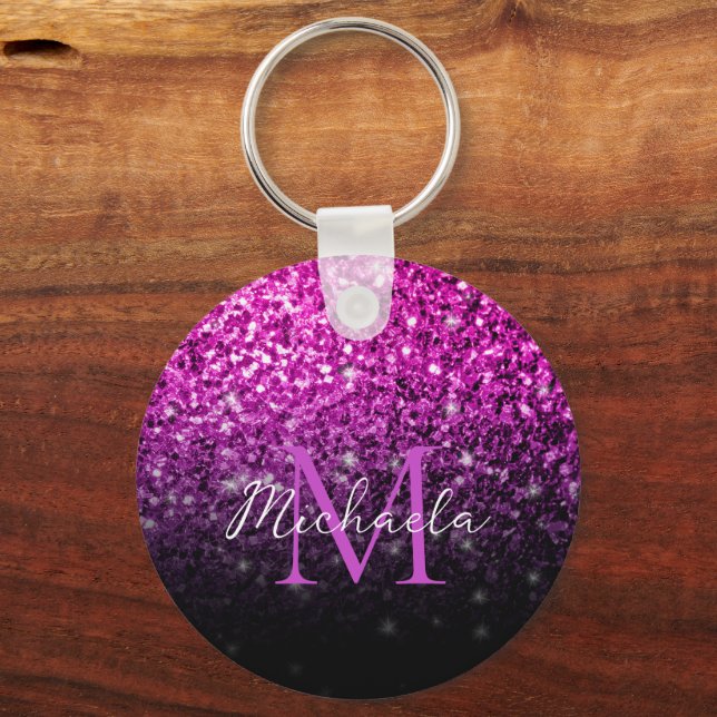 Purple Pink Ombre faux sparkles bling Monogram Key Ring (Front)