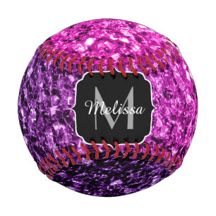 Purple pink ombre glitter sparkle Monogram name Baseball