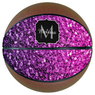 Purple pink ombre glitter sparkle Monogram name Basketball