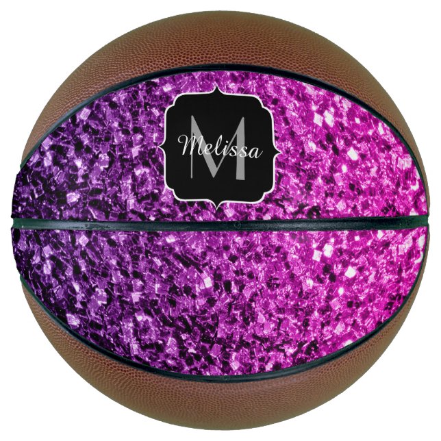 Purple pink ombre glitter sparkle Monogram name Basketball (Front)