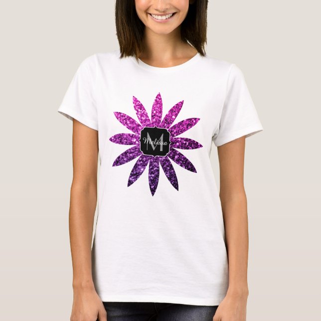 Purple Pink Ombre glitter sparkles flower monogram T-Shirt (Front)