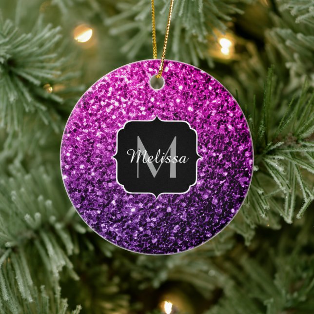Purple Pink Ombre glitter sparkles Monogram Ceramic Tree Decoration (Tree)