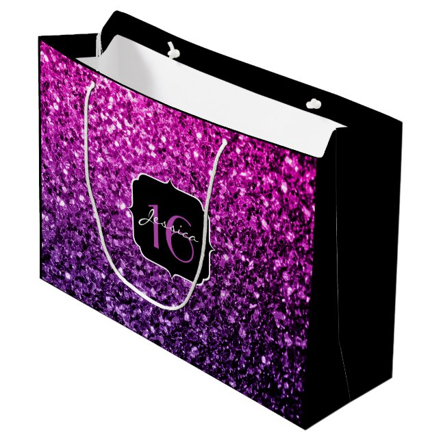 Purple Pink Ombre glitter sparkles Sweet 16 Large Gift Bag (Front Angled)