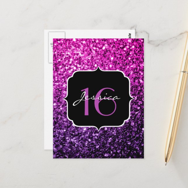 Purple Pink Ombre glitter sparkles Sweet 16 Postcard (Front/Back In Situ)