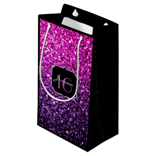 Purple Pink Ombre glitter sparkles Sweet 16 Small Gift Bag (Front Angled)