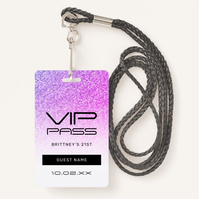 Purple Pink Ombre Glitter VIP Pass Party Invite ID Badge (Front with Lanyard)