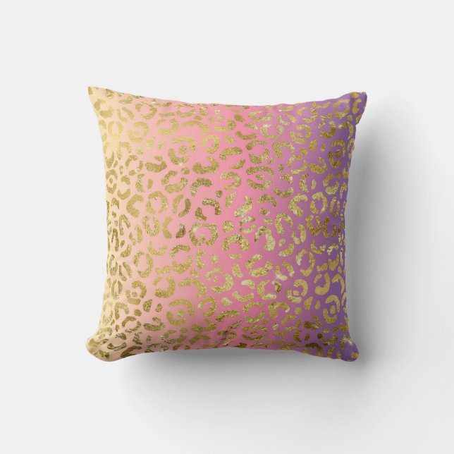 Purple Pink Ombre Gold Leopard Glam Cushion (Front)