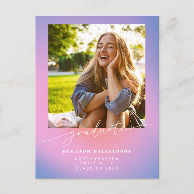 Purple Pink Ombre Photo Script Graduation Class Postcard (Front)