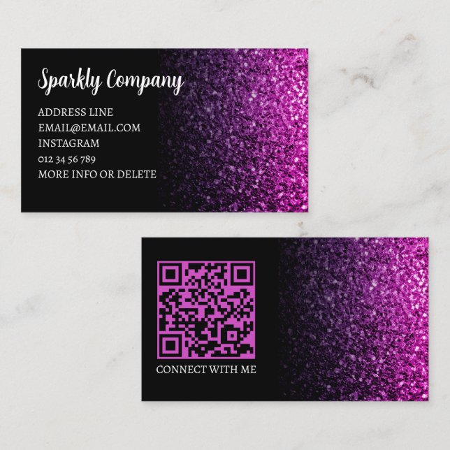 Purple pink ombre sparkle black elegant QR code Business Card (Front/Back)