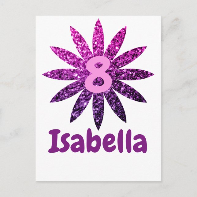 Purple Pink Ombre sparkles flower Custom name age Postcard (Front)